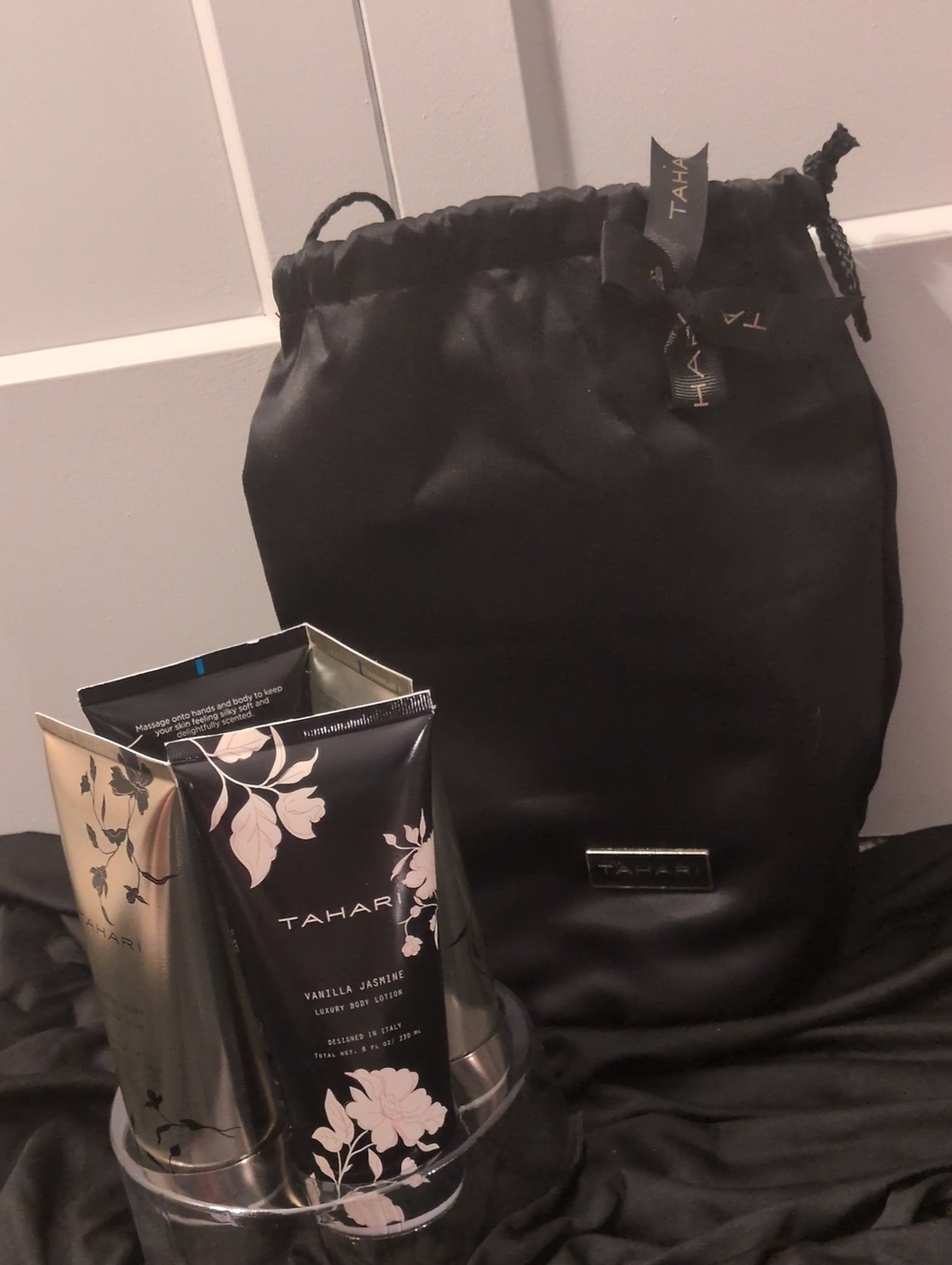 Tahari Black Satin Drawstring Pouch with Black Floralfull Sized Lotion Set